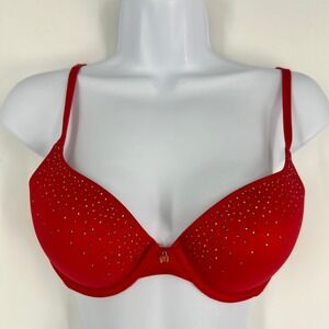 Victoria's Secret 36B Red Rhinestone Lined Demi Bra Underwire Sparkle Glam